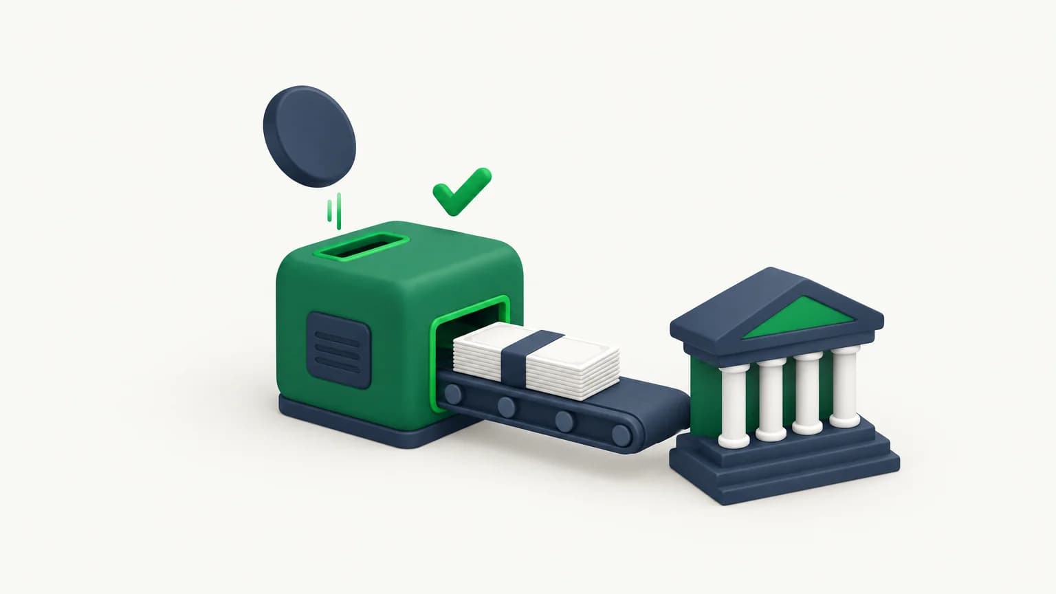 Ilustrace: žeton padá do směnného automatu, z něhož vyjíždějí bankovky po pásu k budově banky.