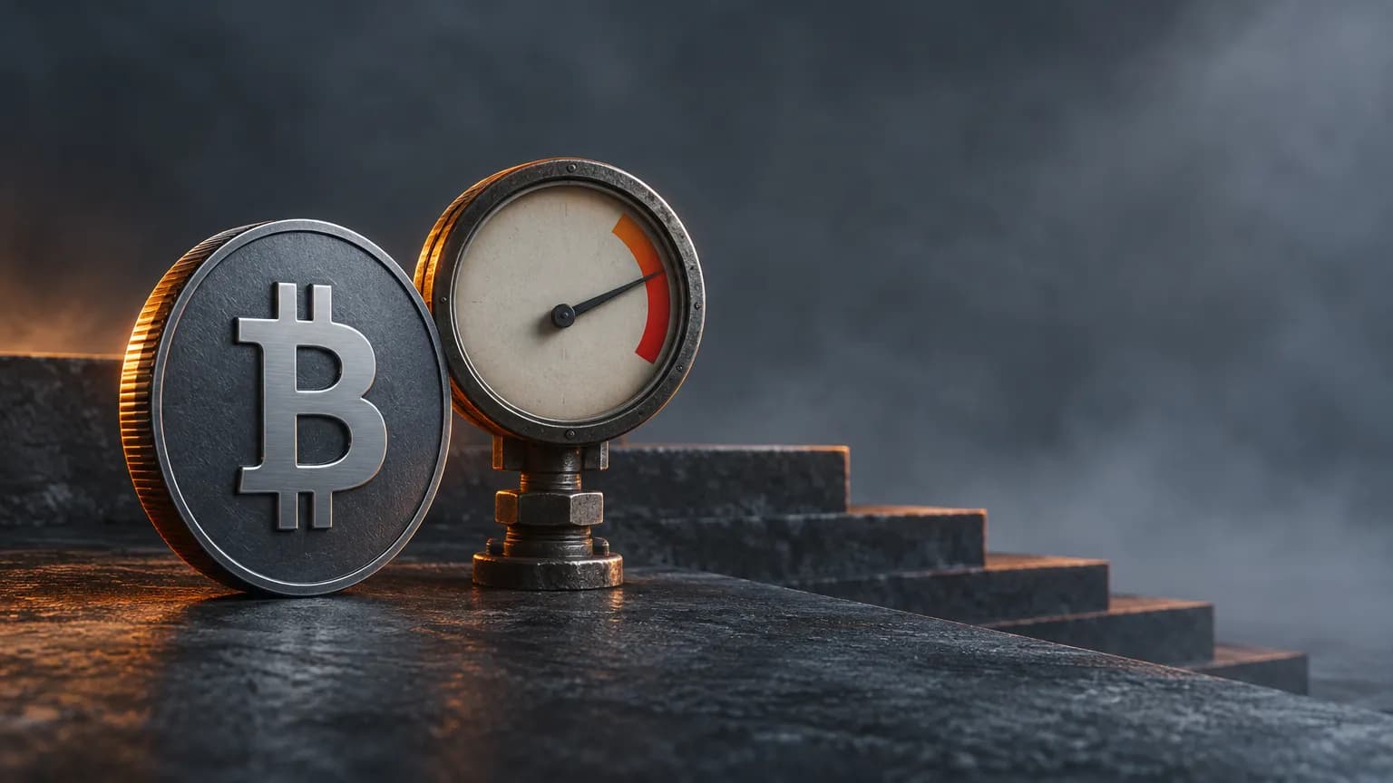 Ocelová mince se symbolem bitcoinu vedle manometru s ručičkou v oranžovém poli na tmavé břidlici, za nimi klesající kamenné schody v mlze
