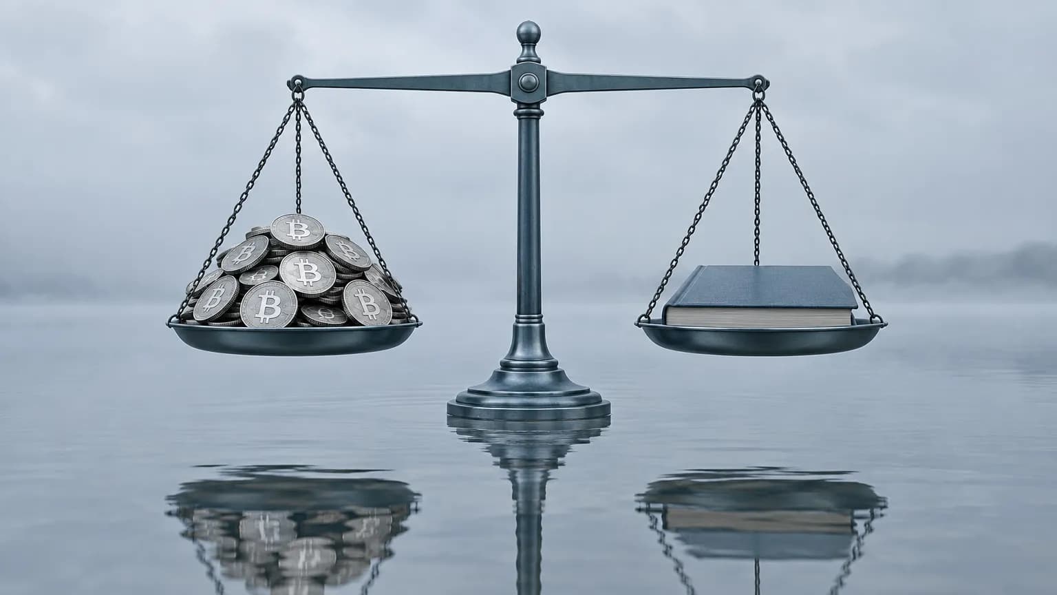 Ocelové váhy stojící v mělké vodě v mlze, na jedné misce hromada stříbrných mincí se symbolem bitcoinu, na druhé zavřená účetní kniha.