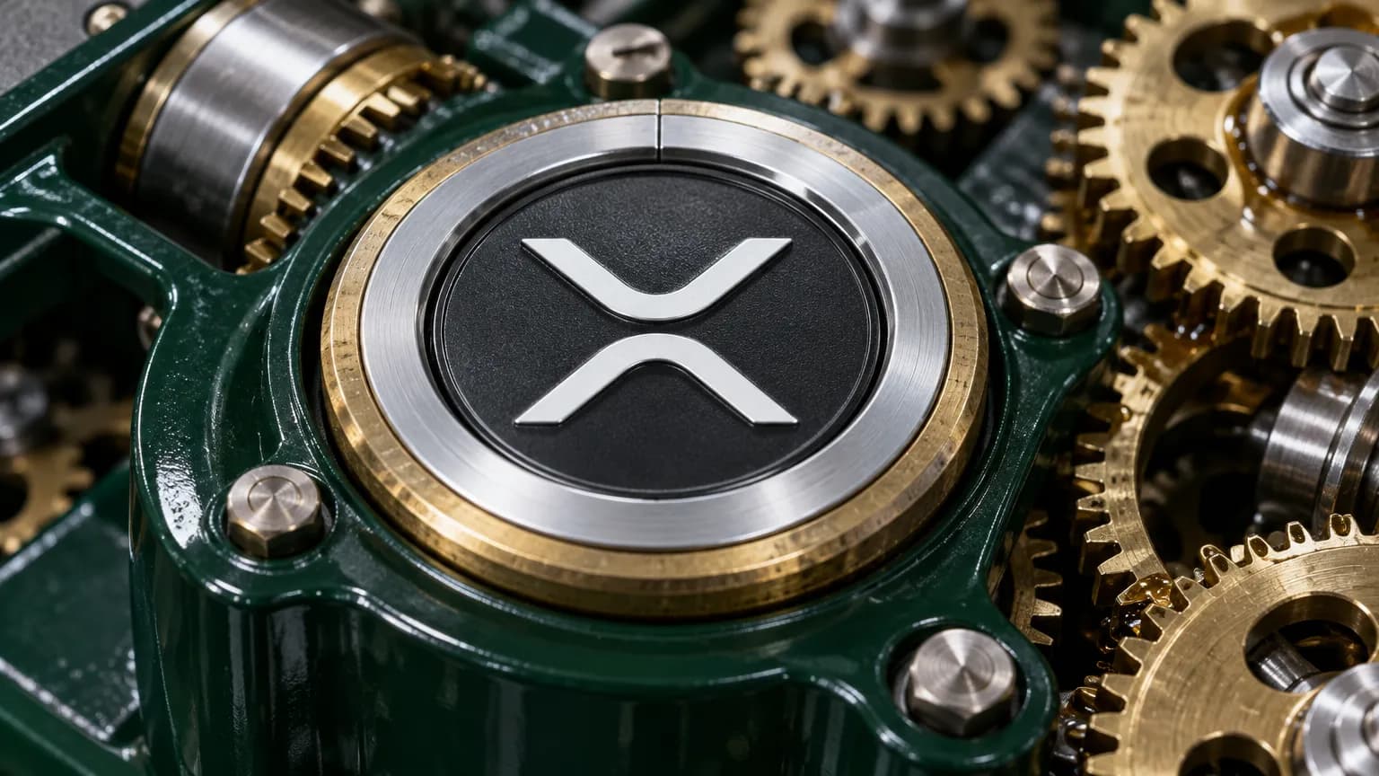 Černá mince XRP s bílým znakem usazená v ocelovém a mosazném soukolí, kolem ní nově osazený ocelový kroužek uzavírá mezeru v opotřebovaném límci