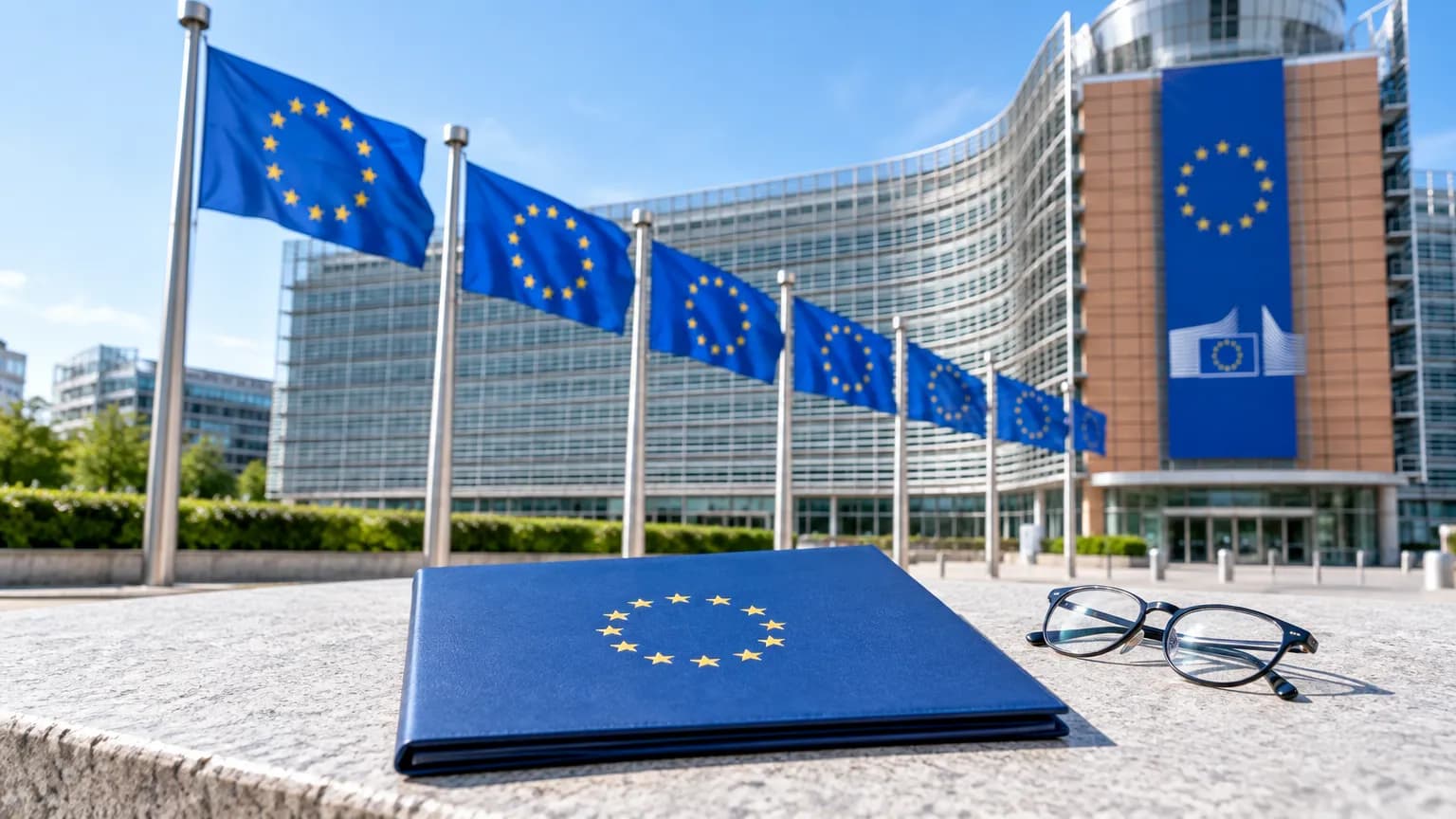 Modrá složka s kruhem hvězd EU na kamenné římse před budovou Berlaymont v Bruselu, nad ní vlají vlajky Evropské unie
