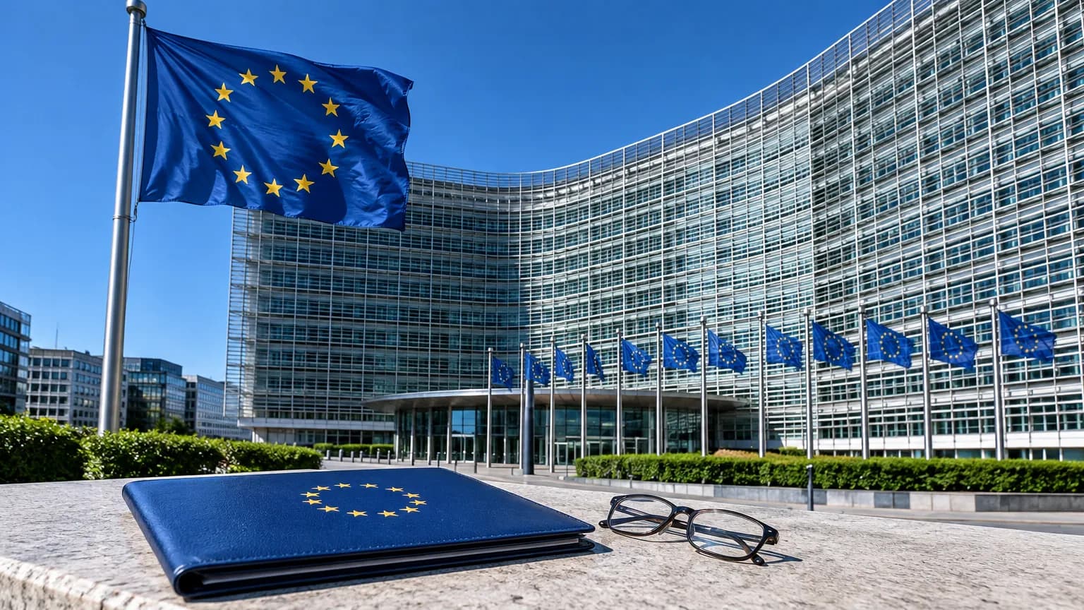 Modrá složka s kruhem hvězd EU a brýle na kamenné římse, nad ní velká vlajka Evropské unie před budovou Berlaymont v Bruselu