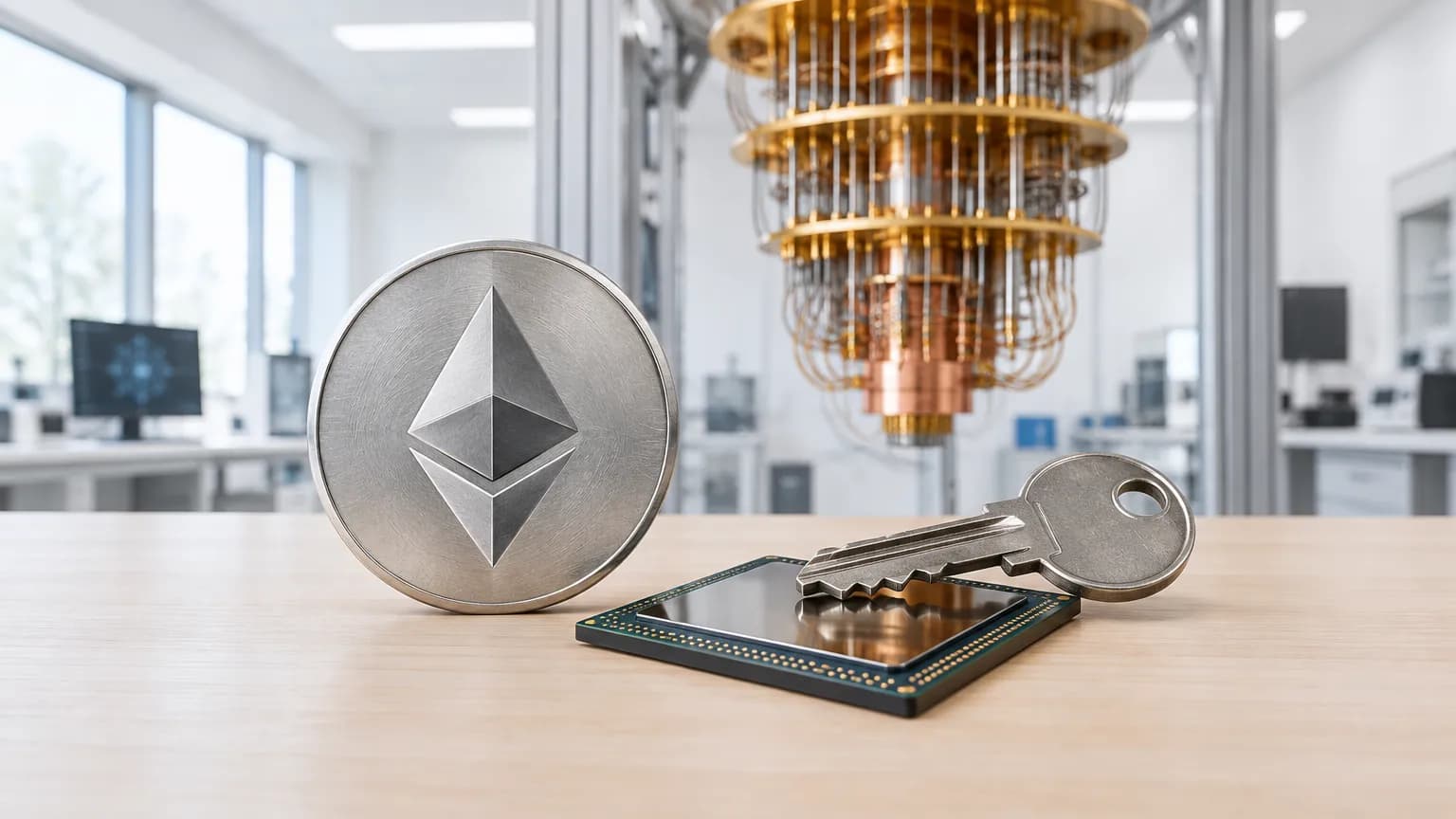 Stříbrná mince etheru vedle čipu umělé inteligence s ocelovým klíčem, v pozadí měděný kvantový počítač v laboratoři