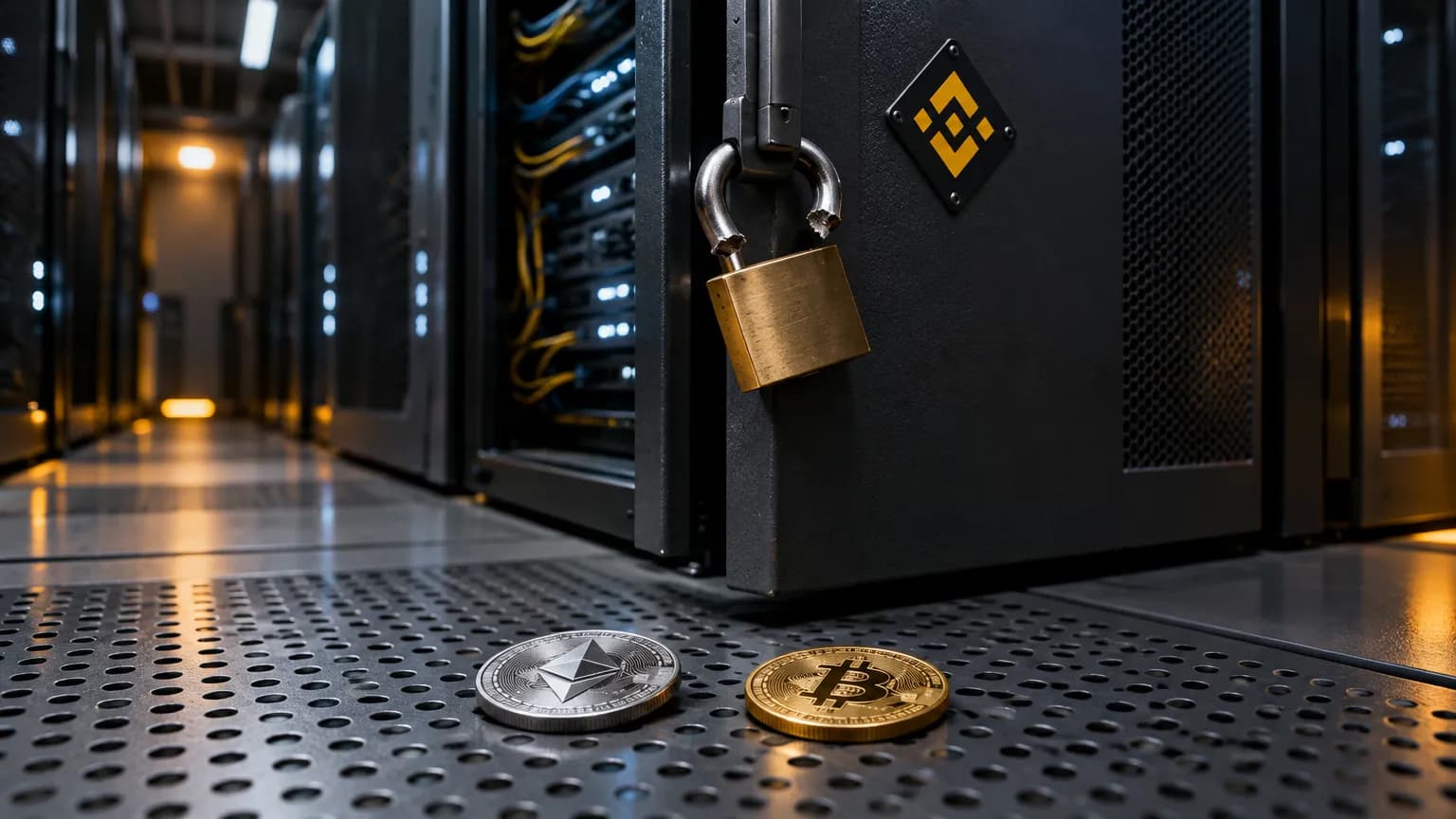 Přestřižený visací zámek na dvířkách serverového stojanu s logem Binance a mince etheru a bitcoinu na kovové podlaze