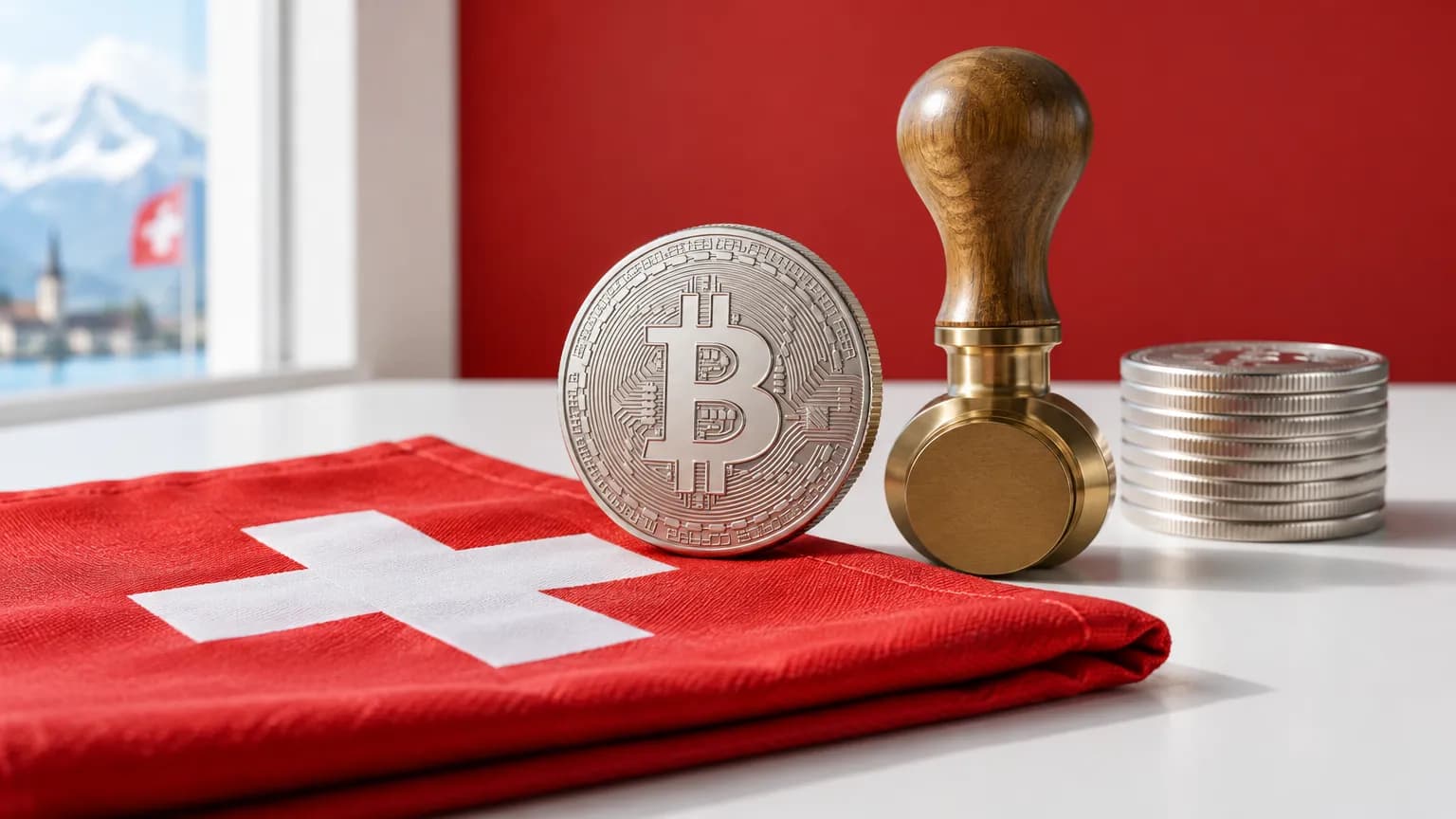 Stříbrná mince bitcoinu se symbolem ₿ stojí na složené švýcarské vlajce vedle mosazného razidla a malého sloupku mincí na bílé ploše před červenou stěnou.