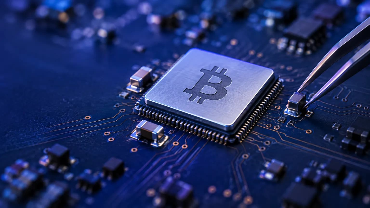 Makro desky plošných spojů uzlu s čipem nesoucím symbol bitcoinu, pinzeta osazuje poslední ze tří nových součástek v modrofialovém světle