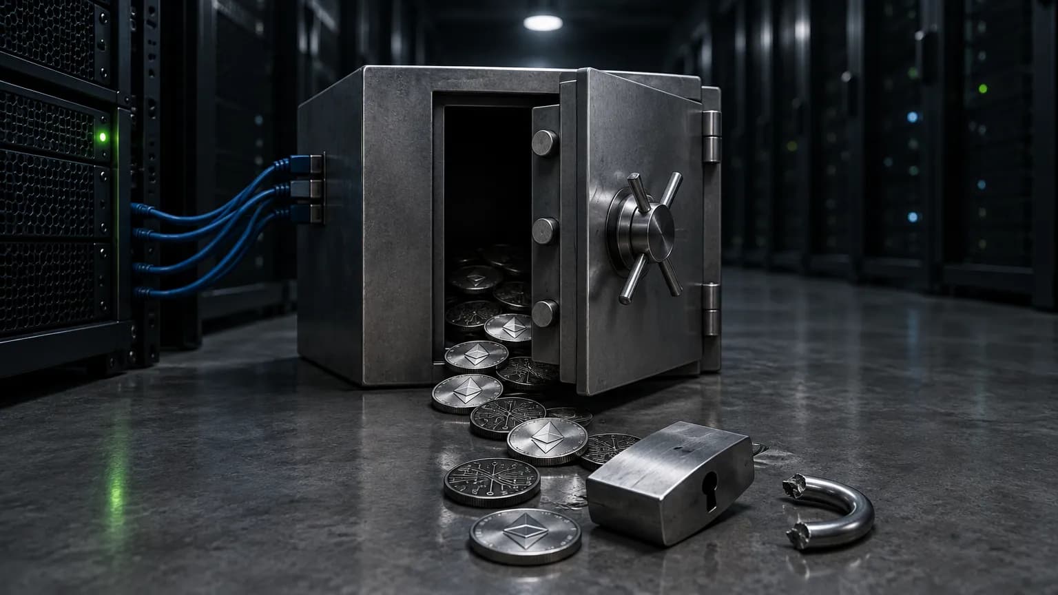 Pootevřený ocelový trezor propojený kabely se serverem, před ním rozbitý visací zámek a stříbrné mince se symbolem etheru vysypané na podlahu serverovny
