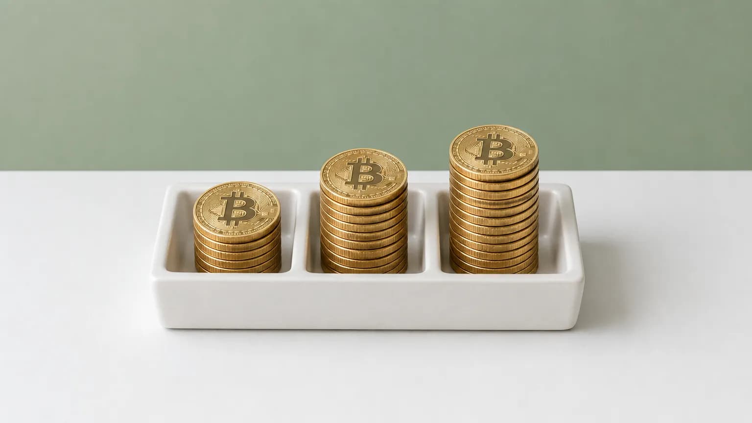 Tři sloupce bitcoinových mincí se symbolem ₿ v trojdílném bílém podnosu, zleva doprava postupně vyšší, před šalvějově zelenou stěnou