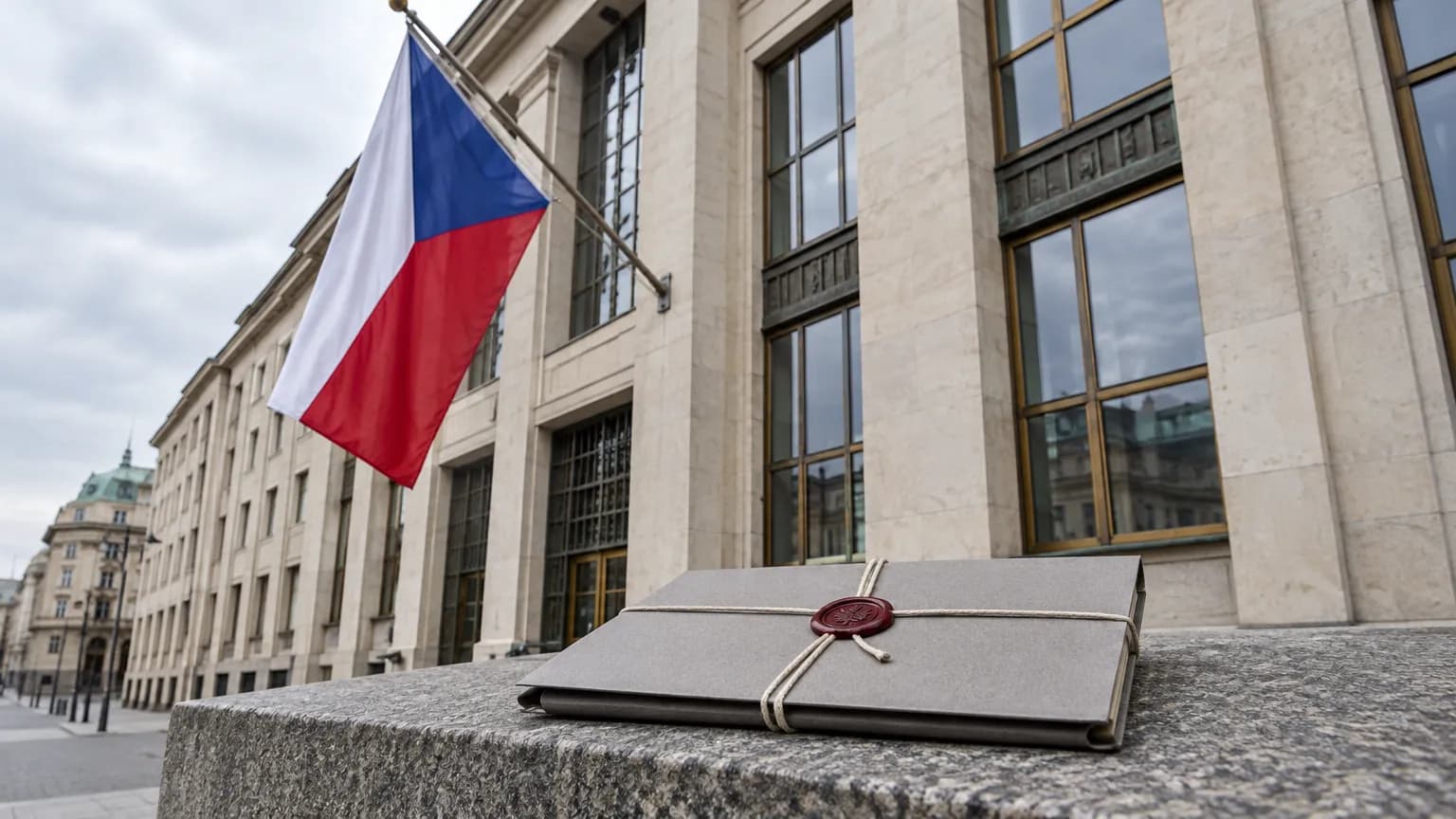 Kamenná fasáda budovy České národní banky na Příkopech s českou vlajkou a úředním spisem zapečetěným červenou pečetí v popředí