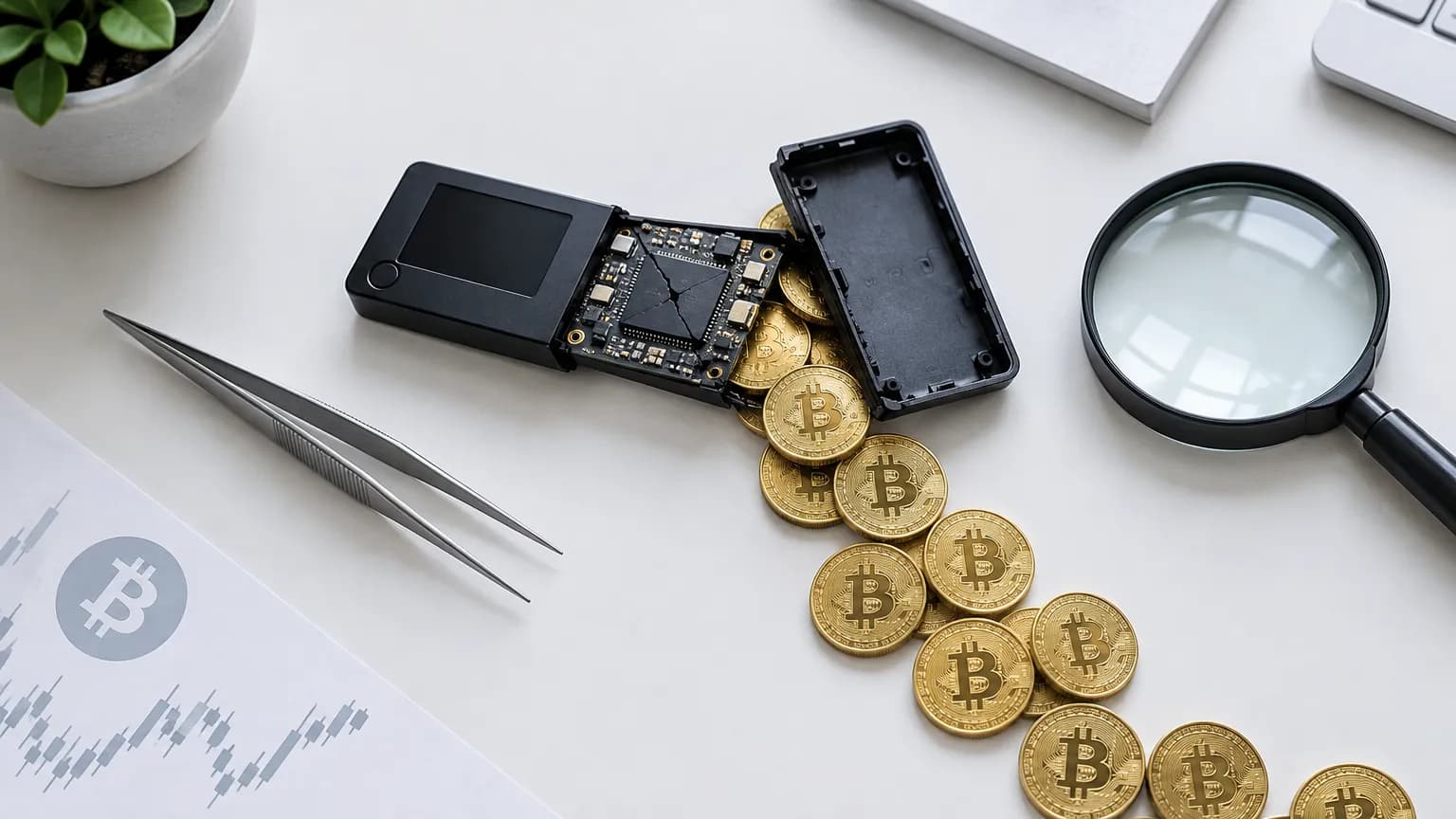 Otevřená hardwarová peněženka s prasklým čipem na bílém stole, z trhliny se sype řada zlatých bitcoinových mincí, vedle lupa a pinzeta