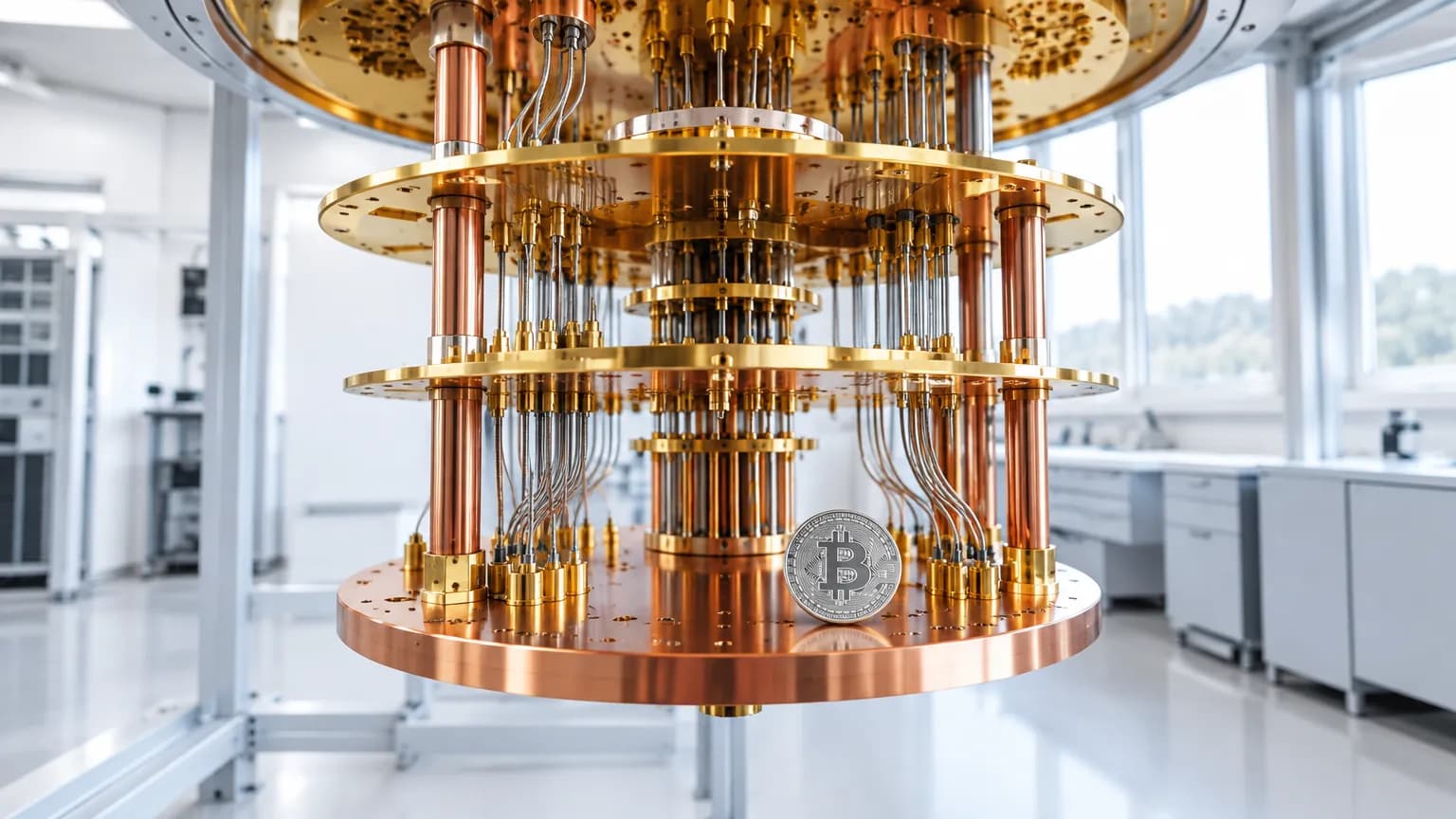 Stříbrná mince bitcoinu na spodní měděné desce zlaceného chladicího systému kvantového počítače ve světlé laboratoři