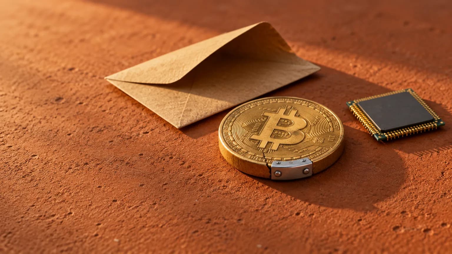 Mosazná mince bitcoinu s ocelovou záplatou přes prasklinu, vedle ní procesorový čip a otevřená papírová obálka na terakotové ploše