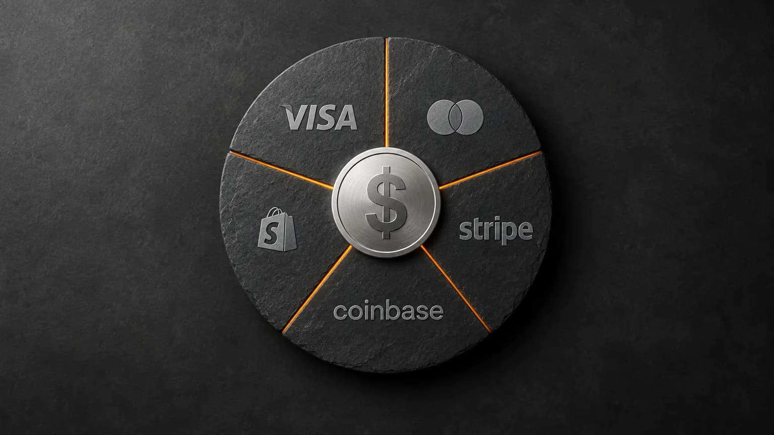 Stříbrná mince se znakem dolaru uprostřed grafitového kamene rozděleného na pět dílů s logy Visa, Mastercard, Stripe, Shopify a Coinbase