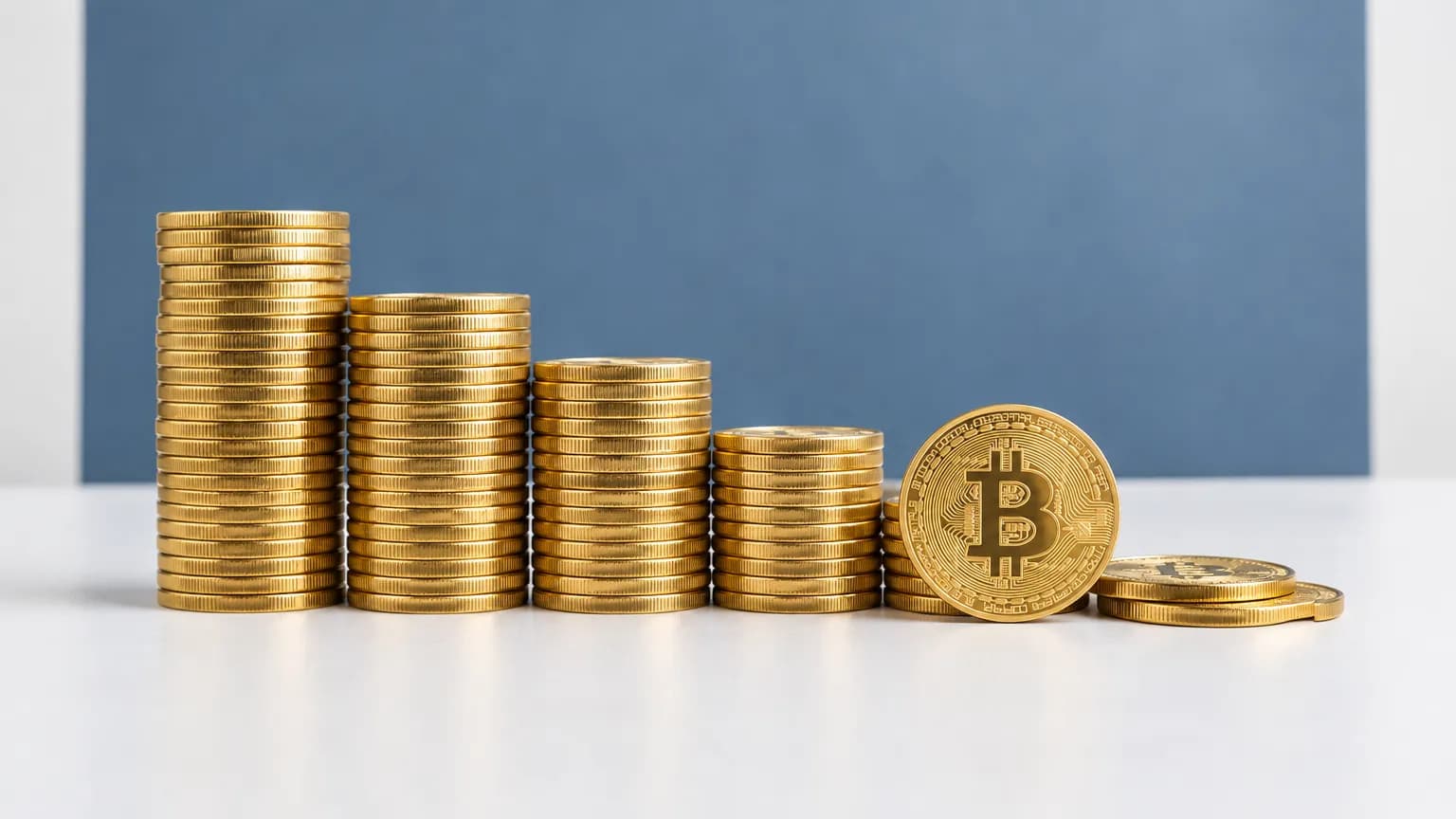 Řada zlatých mincí bitcoinu ve sloupcích klesajících zleva doprava na bílém povrchu, před nejnižším sloupcem opřená mince se symbolem ₿
