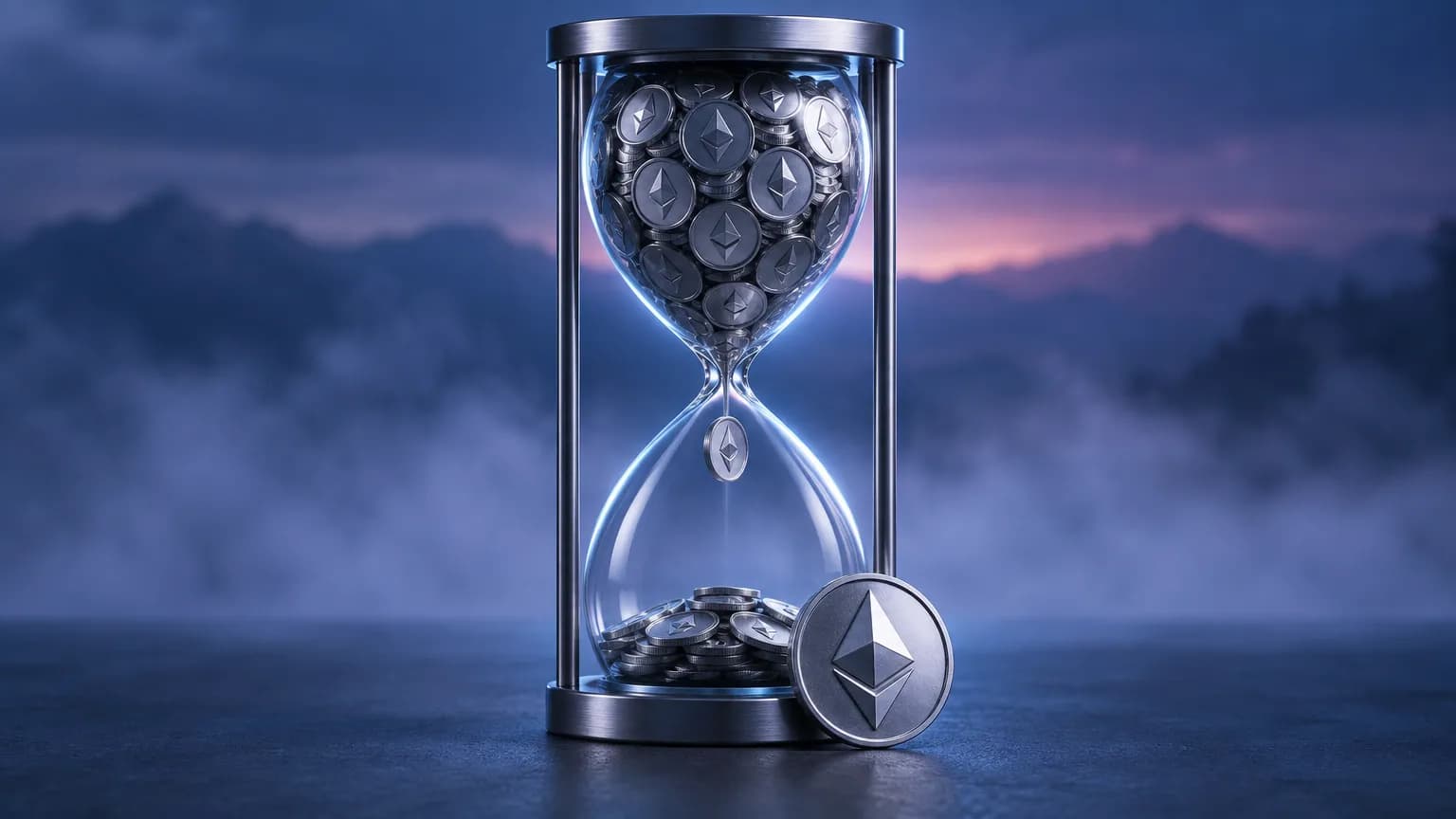 Přesýpací hodiny plné stříbrných mincí etheru, kterými úzkým hrdlem propadá jediná mince, a velká mince etheru před nimi v modrofialovém šeru