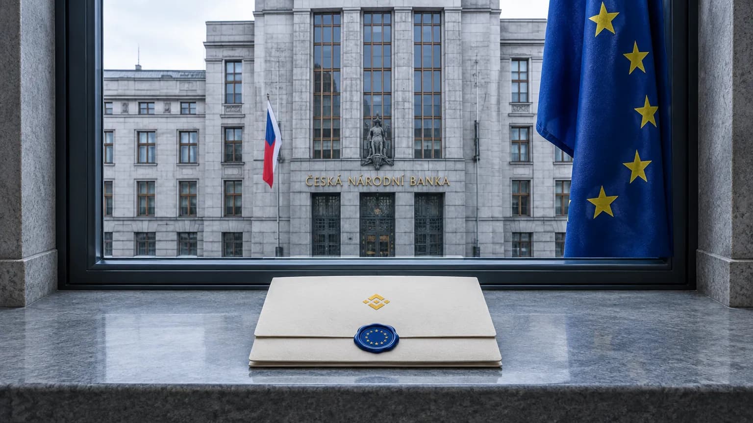Zavřené desky s logem Binance a modrou pečetí s hvězdami EU na kamenném parapetu okna, za sklem budova ČNB v Praze