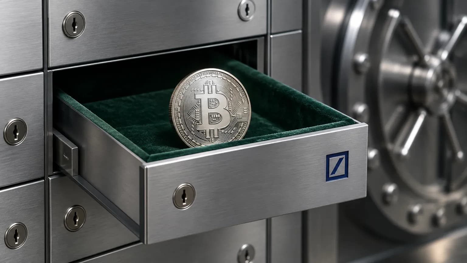 Stříbrná mince se symbolem bitcoinu v otevřené schránce bankovního trezoru se zeleným sametem a logem Deutsche Bank na čele zásuvky