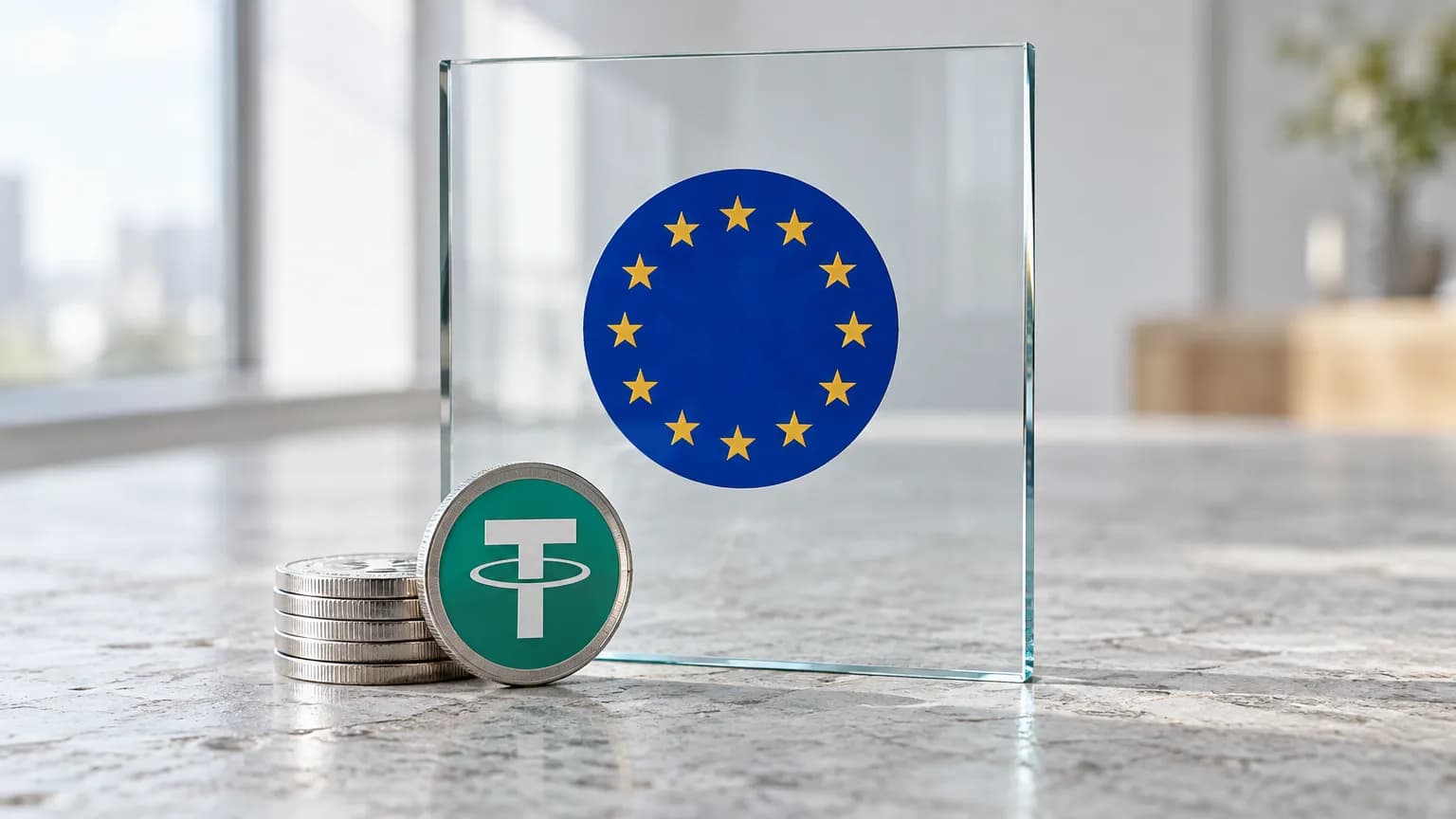 Stříbrné mince se zeleným symbolem ₮ stojí na světlém kameni před skleněnou stěnou s kruhem dvanácti zlatých hvězd EU