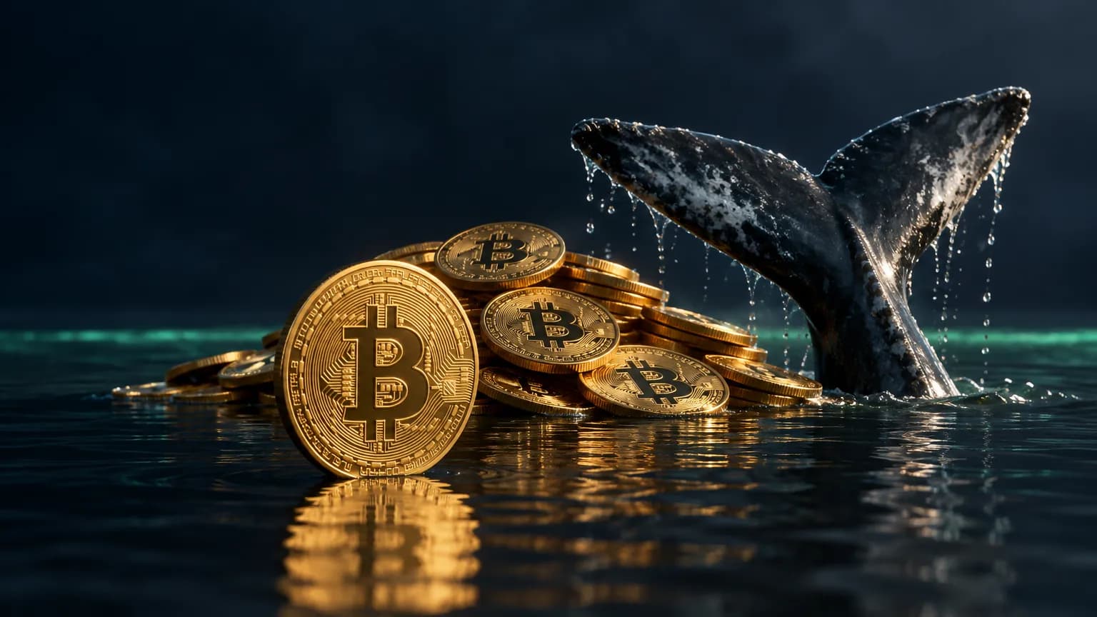 Zlatá bitcoinová mince se symbolem ₿ před hromadou dalších bitcoinů, vedle které se z tmavé vody zvedá ocas velryby