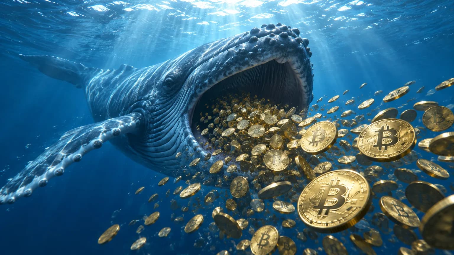 Velryba pod hladinou oceánu plave v paprscích světla a nabírá hejno zlatých mincí se symbolem bitcoinu