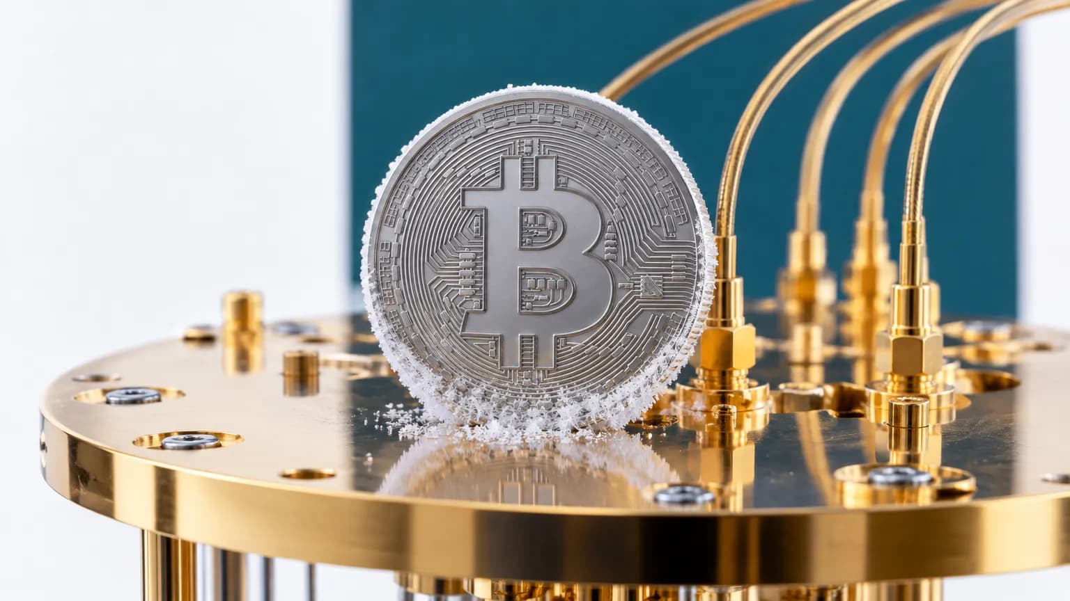 Stříbrná mince se symbolem bitcoinu pokrytá jinovatkou na pozlacené chladicí desce kvantového počítače s tenkými kabely