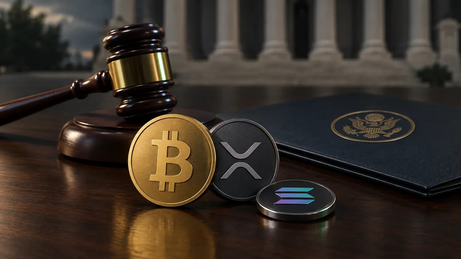 Zlatá mince bitcoinu, mince XRP a mince Solany na stole vedle soudcovského kladívka a úředních desek s pečetí s orlem