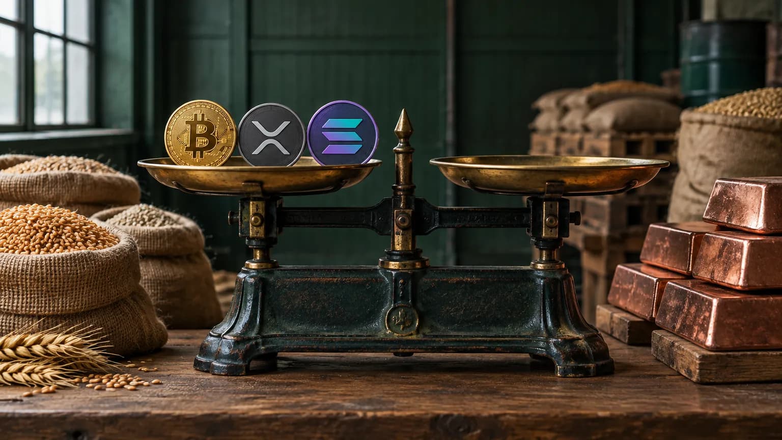 Mince bitcoinu, XRP a Solany leží na starých kupeckých vahách ve skladu mezi pytli obilí a měděnými ingoty