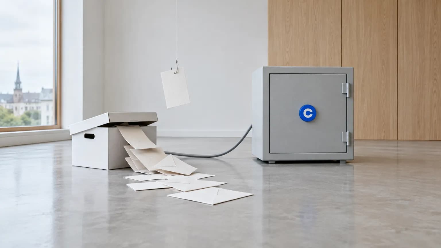 Zavřený šedý trezor s logem Coinbase, kabel vede k otevřené archivní krabici, z níž po světlé podlaze vypadávají prázdné kartičky a obálky, jedna visí na háčku.